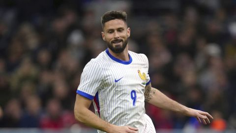 France's Olivier Giroud during an international friendly soccer match between France and Chile at the Orange Velodrome stadium in Marseille, southern France, Tuesday, March 26, 2024. (AP Photo/Daniel Cole)