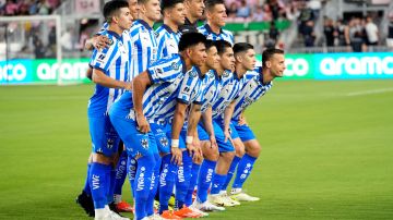 Monterrey players pose for a team photo before the first leg of a CONCACAF Champions Cup quarterfinal soccer match against Inter Miami, Wednesday, April 3, 2024, in Fort Lauderdale, Fla. (AP Photo/Lynne Sladky)