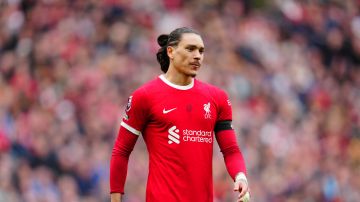 Liverpool's Darwin Nunez during the English Premier League soccer match between Liverpool and Crystal Palace at Anfield Stadium in Liverpool, England, Sunday, April 14, 2024. (AP Photo/Jon Super)