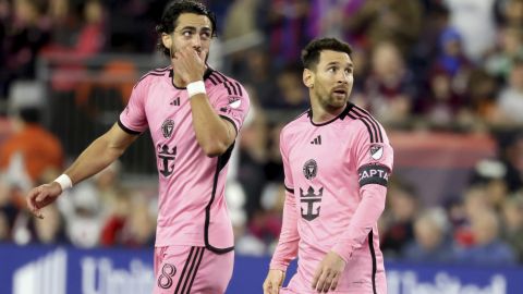 Inter Miami forwards Leonardo Campana (8) and Lionel Messi (10) watch the replay of Messi's goal in the first half of an MLS soccer match against the New England Revolution, Saturday, April 27, 2024, in Foxborough, Mass. (AP Photo/Mark Stockwell)