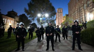 Un contingente de oficiales de policía se agrupa cerca del campamento de manifestantes pro-Palestina en el campus de UCLA.