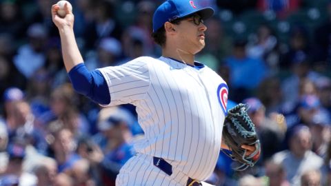 Chicago Cubs starting pitcher Javier Assad throws against the Milwaukee Brewers during the first inning of a baseball game in Chicago, Sunday, May 5, 2024. (AP Photo/Nam Y. Huh)