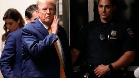 Former President Donald Trump speaks to reporters as he returns to the courtroom after an afternoon break in his trial at Manhattan criminal court, Tuesday, May 7, 2024, in New York. (AP Photo/Mary Altaffer, Pool)