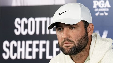 FILE - Scottie Scheffler speaks during a news conference during the PGA Championship golf tournament at the Valhalla Golf Club, Tuesday, May 14, 2024, in Louisville, Ky. Masters champion Scottie Scheffler was detained by police Friday morning for not following police instructions during a traffic jam that followed a traffic fatality involving a pedestrian, ESPN reported. (AP Photo/Sue Ogrocki, File)