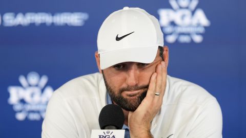 Scottie Scheffler speaks during a news conference at after the second round of the PGA Championship golf tournament at the Valhalla Golf Club, Friday, May 17, 2024, in Louisville, Ky. (AP Photo/Matt York)