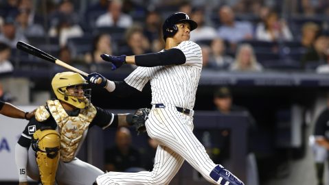 New York Yankees' Juan Soto watches his double against the Chicago White Sox during the fifth inning of a baseball game Friday, May 17, 2024, in New York. (AP Photo/Noah K. Murray)