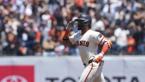 San Francisco Giants' Luis Matos runs the bases after hitting a three-run home run against Colorado Rockies pitcher Ty Blach during the first inning of a baseball game Saturday, May 18, 2024, in San Francisco. (AP Photo/Godofredo A. Vásquez)