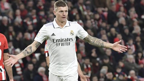 FILE - Real Madrid's Toni Kroos celebrates after scoring his side's second goal during the Spanish La Liga soccer match between Athletic Club Bilbao and Real Madrid at the San Mames stadium in Bilbao, Spain, Sunday, Jan. 22, 2023. Real Madrid said the 34-year-old German international “has decided to bring an end to his time as a professional footballer following Euro 2024.” (AP Photo/Alvaro Barrientos, File)