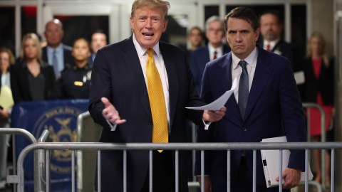 Former President Donald Trump speaks alongside his attorney Todd Blanche following the day's proceedings in his trial Tuesday, May 21, 2024, in Manhattan Criminal Court in New York. (Michael M. Santiago/Pool Photo via AP)