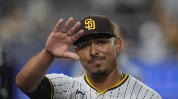 San Diego Padres relief pitcher Jeremiah Estrada celebrates after the Padres defeated the Miami Marlins 4-0 in a baseball game Tuesday, May 28, 2024, in San Diego. Estrada extended his club-record strikeout streak to 13 straight batters, the most in the expansion era. (AP Photo/Gregory Bull)