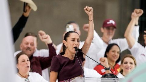 Presidential candidate Claudia Sheinbaum speaks at her closing campaign rally at the Zocalo in Mexico City, Wednesday, May 29, 2024. Mexico's general election is set for June 2. (AP Photo/Eduardo Verdugo)