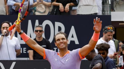 Rome (Italy), 09/05/2024.- Rafael Nadal of Spain celebrates winning against Zizou Bergs of Belgium in their men's singles first round match at the Italian Open tennis tournament in Rome, Italy, 09 May 2024. (Tenis, Bélgica, Italia, España, Roma) EFE/EPA/FABIO FRUSTACI