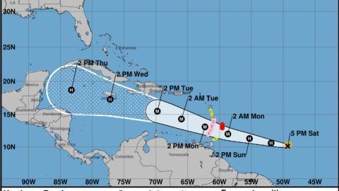 El cono muestra la posible trayectoria del huracán Beryl pero no su tamaño, a las 5 p.m. ET del 29 de junio de 2024.