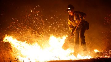 A firefighter beats back flames with a shovel as brush burns around him at a fire fanned by Santa Ana winds in Fontana, Calif. on Wednesday, Oct. 22, 2008. At least 100 acres have burned in a wildfire that broke out Wednesday morning amid hot and gusty weather in San Bernardino County, east of Los Angeles. (AP Photo/Dan Steinberg)