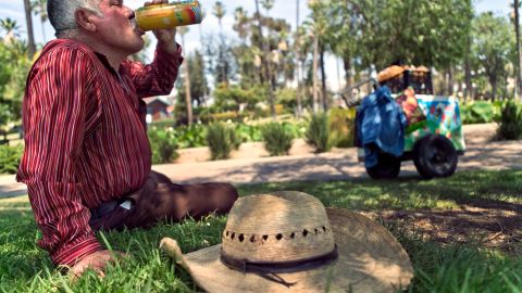 Ice-cream vendor Jose Villa, 65, from Sinaloa, Mexico, cools off on the edge of Echo Park lake in Los Angeles on Saturday, July 8, 2017. An excessive heat wave in Southern California set records in several cities, breaking a mark set for the date in Los Angeles 131 years ago, the National Weather Service said. Around noon, the downtown temp spiked at 96 degrees, topping the 1886 record by a degree. (AP Photo/Damian Dovarganes)