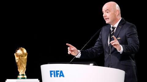 FIFA President Gianni Infantino delivers a speech at the FIFA congress on the eve of the opener of the 2018 soccer World Cup in Moscow, Russia, Wednesday, June 13, 2018. The congress in Moscow is set to choose the host or hosts for the 2026 World Cup. (AP Photo/Alexander Zemlianichenko)