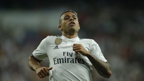 Real madrid forward Mariano Diaz runs back into position during a La Liga soccer match against Espanyol at the Santiago Bernabeu stadium in Madrid, Spain, Saturday, Sept. 22, 2018. (AP Photo/Paul White)