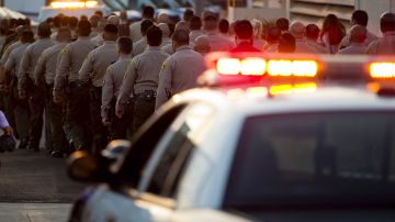 Los Angeles County Sheriff's deputies walk in a procession behind a coroner's van transporting the body of fallen Deputy Joseph Gilbert Solano to the Los Angeles County Department of Medical Examiner-Coroner after a news conference announcing his death, Wednesday, June 12, 2019, in Los Angeles. Solano, who had been on life support, died Wednesday afternoon after being shot in an off-duty attack at a fast-food restaurant on Monday. (AP Photo/Damian Dovarganes)