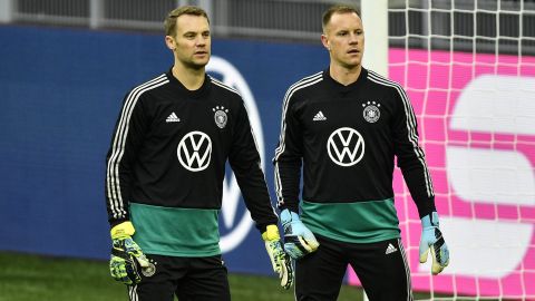 Germany's goalkeepers Marc-Andre ter Stegen, right, and Manuel Neuer exercise during a training session of the national team on Tuesday, Oct. 8, 2019, prior a friendly soccer match between Germany and Argentina in Dortmund, Germany. (AP Photo/Martin Meissner)