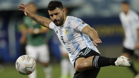 Argentina's Sergio Aguero controls the ball during a Copa America soccer match against Bolivia at Arena Pantanal stadium in Cuiaba, Brazil, Monday, June 28, 2021. (AP Photo/Bruna Prado)