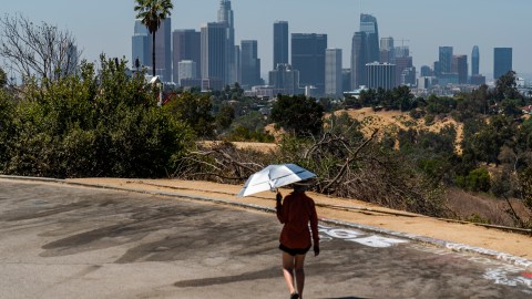 Athlete Sam Richardson uses a UV-Blocking Sun protection umbrella while speed-walking in Elysian Park in Los Angeles Wednesday, July 7, 2021. High heat and record temperatures are expected across the West this weekend. In California's Death Valley, about 150 miles west of Las Vegas, temperatures could reach 130 (54 C). Forecasters warned that much of California will see dangerously hot weekend weather, with highs in triple digits in the Central Valley, mountains, deserts and other inland areas because of strengthening high pressure over the state. Heat warnings did not include major coastal populations. (AP Photo/Damian Dovarganes)
