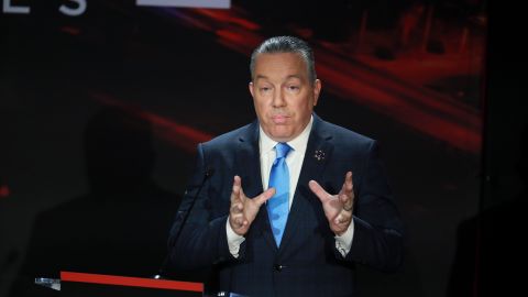 Los Angeles Sheriff Alex Villanueva speaks as Retired Long Beach Police Chief Robert Luna, not pictured, listens during the Los Angeles County Sheriff debate ahead of the Nov. 8 general election at the Skirball Cultural Center, Wednesday, Sept. 21, 2022, in Los Angeles. The Los Angeles Times, Fox 11 LA, Univision 34, KPCC, the Skirball Cultural Center, the Los Angeles Urban League and Loyola Marymount University co-host back-to-back debates with the leading candidates in the L.A. mayoral and L.A. County Sheriff races. (Allen J. Schaben/Los Angeles Times via AP, Pool)