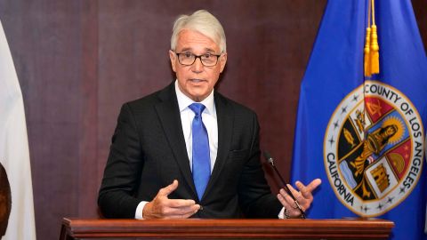 Los Angeles County District Attorney George Gascon speaks during a news conference to announce charges against Carlos Medina accused of murdering Auxiliary Bishop David O'Connell Wednesday, Feb. 22, 2023, in Los Angeles. (AP Photo/Mark J. Terrill)