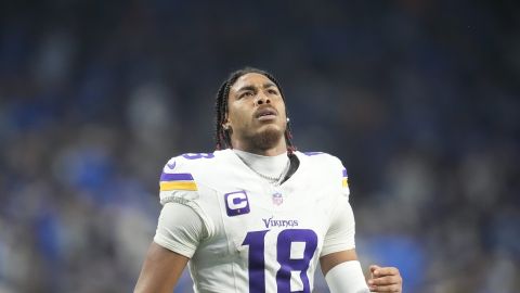 Minnesota Vikings wide receiver Justin Jefferson (18) watches against the Detroit Lions in the first half of an NFL football game in Detroit, Sunday, Jan. 7, 2024. (AP Photo/Paul Sancya)