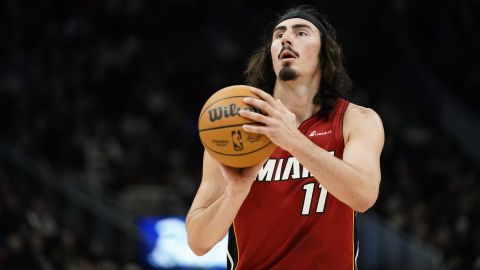 Miami Heat's Jaime Jaquez Jr. shoots a free throw during the first half of an NBA basketball game against the Milwaukee Bucks Tuesday, Feb. 13, 2024, in Milwaukee. (AP Photo/Aaron Gash)