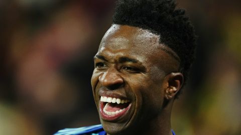 Brazil's Vinicius Jr smiles before a friendly soccer match between Spain and Brazil at the Santiago Bernabeu stadium in Madrid, Spain, Tuesday, March 26, 2024. (AP Photo/Jose Breton)