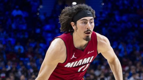 Miami Heat's Jaime Jaquez Jr. in action during the NBA basketball play-in tournament game against the Philadelphia 76ers, Wednesday, April 17, 2024, in Philadelphia. The 76ers won 105-104.(AP Photo/Chris Szagola)