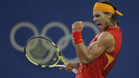 FILE - Rafael Nadal of Spain reacts to winning a point against Fernando Gonzalez of Chile during their Gold medal singles tennis match at the Beijing 2008 Olympics in Beijing, Sunday, Aug. 17, 2008. (AP Photo/Elise Amendola, File)