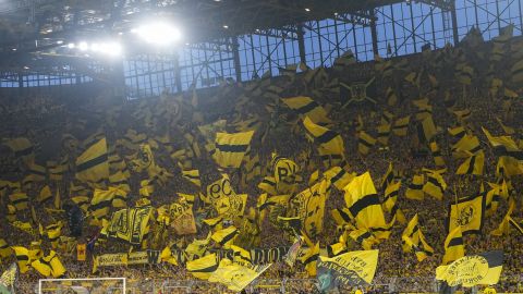 Dortmund's fans cheer for their team prior to the Champions League semifinal first leg soccer match between Borussia Dortmund and Paris Saint-Germain at the Signal-Iduna Park in Dortmund, Germany, Wednesday, May 1, 2024. (AP Photo/Martin Meissner)