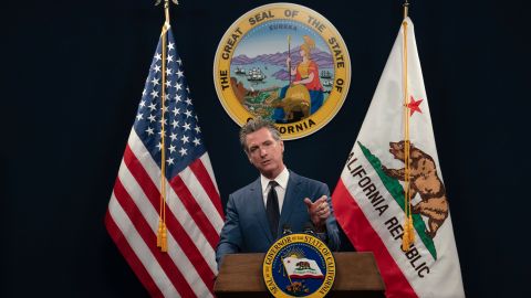 California Gov. Gavin Newsom unveils his revised 2024-25 state budget during a news conference in Sacramento, Calif., Friday, May 10, 2024. California has a budget deficit of $27.6 billion, Gov. Gavin Newsom announced Friday — a gap so wide that he's proposing eliminating 10,000 vacant state jobs and cutting spending across 260 state programs. (AP Photo/Rich Pedroncelli)