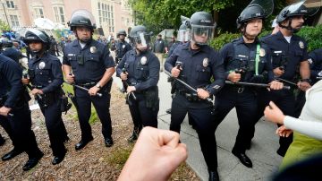 Police officers face off against pro-Palestinian protesters on the campus of UCLA on Thursday, May 23, 2024, in Los Angeles. (AP Photo/Damian Dovarganes)