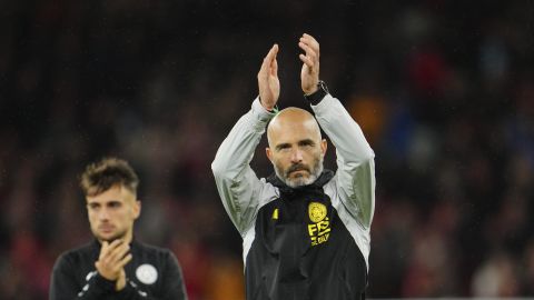 FILE - Leicester's head coach Enzo Maresca applauds fans at the end of the English League Cup third round soccer match between Liverpool and Leicester City at the Anfield stadium in Liverpool, England, Wednesday, Sept. 27, 2023. There is unprecedented managerial upheaval in the English Premier League. Five of the top 11 teams potentially will have new coaches at the start of next season and another of them changed managers just three months ago. (AP Photo/Jon Super, File)