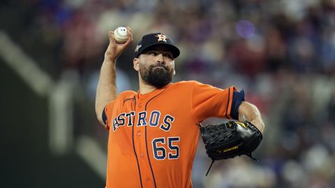 FILE - Houston Astros starting pitcher Jose Urquidy throws during the first inning in Game 4 of the baseball American League Championship Series against the Texas Rangers, Oct. 19, 2023, in Arlington, Texas. The Astros still are not ready to say whether starter Urquidy is done for the season amid reports that a second Tommy John surgery is possible. (AP Photo/Julio Cortez, File)