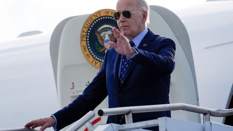 President Joe Biden waves as he arrives on Air Force One at Westchester County Airport in White Plains, N.Y., Monday, June 3, 2024. (AP Photo/Alex Brandon)