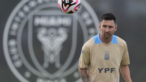 Forward Lionel Messi participates in a drill during a training session for Argentina's national soccer team ahead of the Copa America tournament, Wednesday, June 5, 2024, in Fort Lauderdale, Fla. The 16-nation tournament will be played in 14 U.S. cities starting with Argentina's opener in Atlanta on June 20. (AP Photo/Rebecca Blackwell)