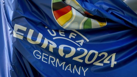 A tarp showing the logo of the Euro 2024 is pictured in the fan zone at the river Main in Frankfurt, Germany, Friday, June 7, 2024. (AP Photo/Michael Probst)