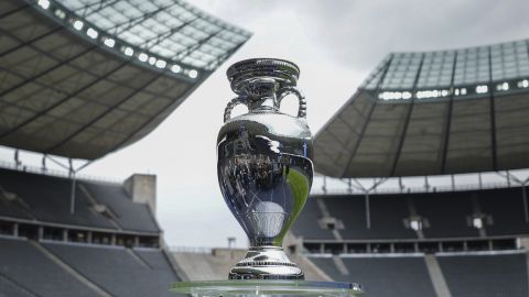 FILE - The trophy is on display during the presentation of the European soccer championship 'EURO 2024' trophy at the Olympic Stadium in Berlin, Germany, Wednesday, April 24, 2024. The European Championship in Germany is all about tried and tested stadiums with a rich soccer history. Unlike at some recent World Cups, there's been no rush to finish stadiums on time. (AP Photo/Markus Schreiber, File)
