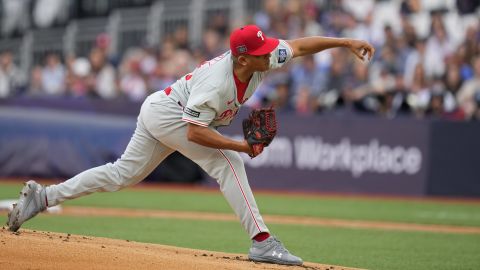 Philadelphia Phillies pitcher Ranger Suárez throws a pitch against the New York Mets during the first inning of a London Series baseball game in London, Saturday, June 8, 2024. (AP Photo/Kirsty Wigglesworth)