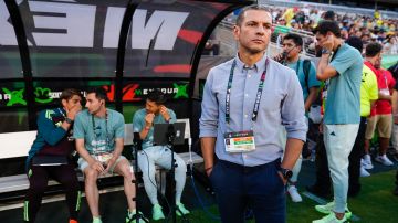 Mexico head coach Jaime Lozano looks on prior to an international soccer friendly match between Mexico and Brazil, Saturday, June 8, 2024, at Texas A&M's Kyle Field in College Station, Texas. (AP Photo/Julio Cortez)