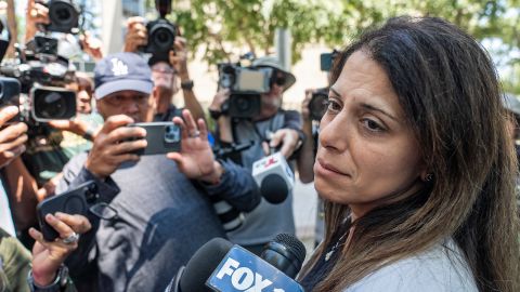 Nancy Iskander speaks outside Van Nuys Courthouse on Monday, June 10, 2024, in Van Nuys, Calif., after attending the sentencing hearing in the murder trial of Rebecca Grossman, who is charged in the deaths of their two sons, Mark, 11, and Jacob, 8. Grossman was sentenced Monday to 15 years to life in prison for the hit-and-run deaths of the two young brothers in a crosswalk. (AP Photo/Damian Dovarganes)