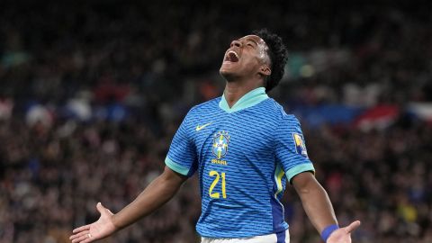 FILE - Brazil's Endrick celebrates after scoring the opening goal during a friendly soccer match between England and Brazil at Wembley Stadium in London, Saturday, March 23, 2024. The 17-year-old striker is widely expected to be in the starting lineup at Copa America, his first major event with the senior team.