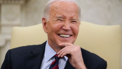 President Joe Biden smiles as he meets with NATO Secretary General Jens Stoltenberg in the Oval Office at the White House, Monday, June 17, 2024. (AP Photo/Mark Schiefelbein)