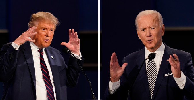 El presidente Donald Trump (i) y el exvicepresidente Joe Biden durante el primer debate presidencial realizado el 29 de septiembre de 2020 en Cleveland.