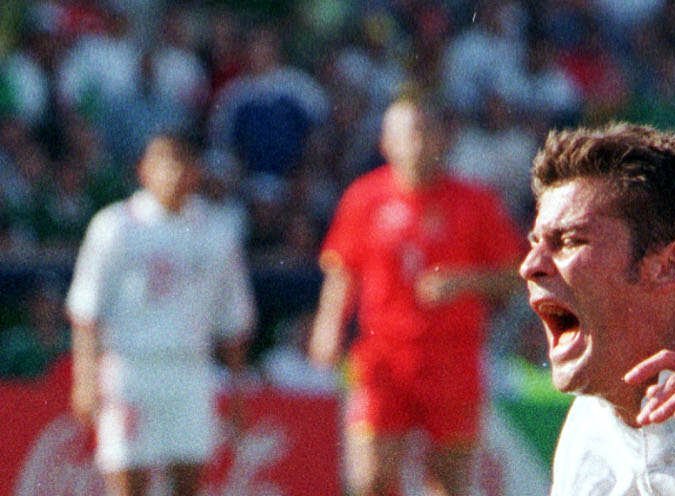Belgium's Gert Verheyen, right, fouls Mexico's Ramon Ramirez during the Belgium vs. Mexico World Cup Group E soccer match at Parc Lescure stadium in Bordeaux Saturday, June 20 1998. Verheyen was sent off for the foul and Mexico scored from the penalty kick. The match ended in a 2-2 draw. (AP Photo/Dusan Vranic)