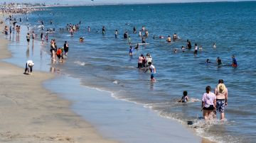 Angelinos se bañan en la playa de Long Beach.