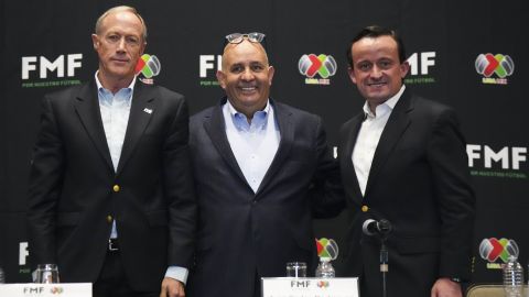 Ciudad de México, 12 de junio de 2023. Ivar Sisniega, Juan Carlos Rodríguez Bas y Mikel Arriola, durante la presentación de la nueva estructura administrativa de la Federación Mexicana de Futbol, celebrada en el Hotel Intercontinental. Foto: Imago7/ Rafael Vadillo